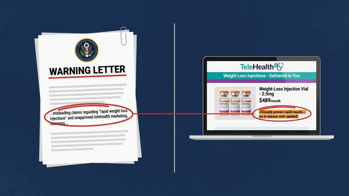 A telehealth website's GLP-1 landing page beside an FDA warning-letter page, with the exact marketing phrase highlighted on the website and circled in the letter, showing that the flagged violation is a line of copy rather than the medication.